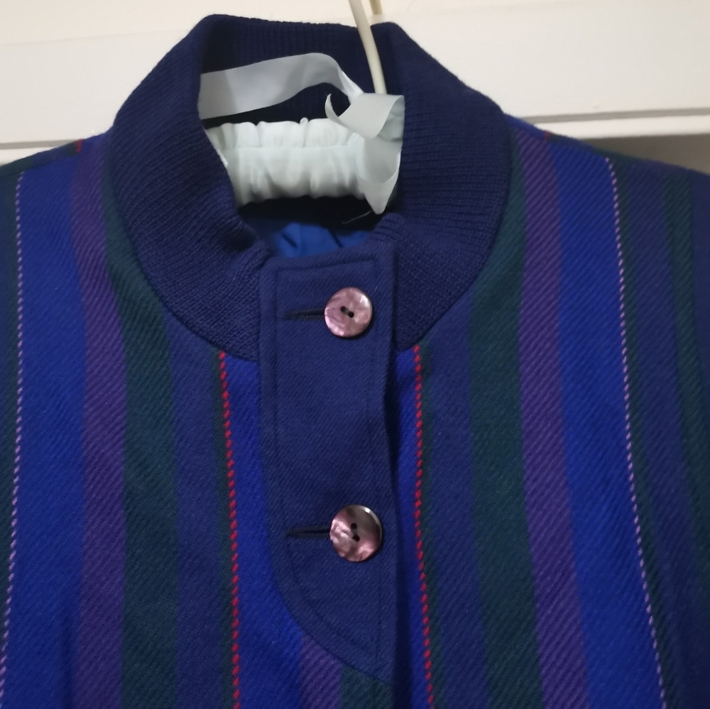 Vintage Avoca Collection Blue Purple Striped 100% Pure New Wool Jacket - Picture 9 of 10